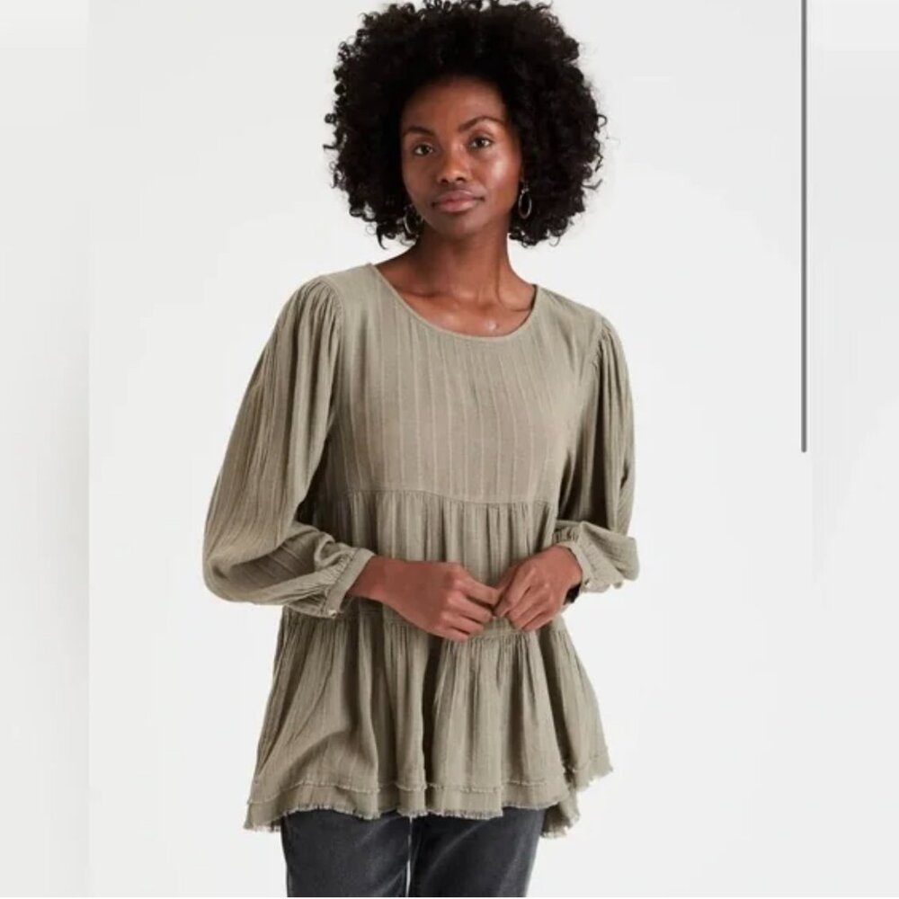 American Eagle Olive Green Open Back Tiered Babydoll Top NWT